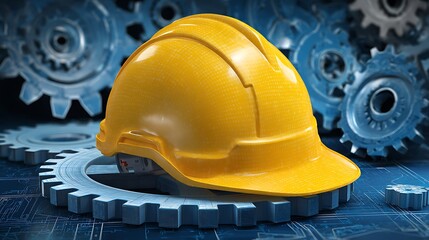 A yellow protective helmet on a blue symbolic gear background