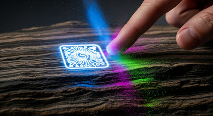 A finger touching a glowing neon processor icon on a wooden surface releases a trail of colorful data particles
