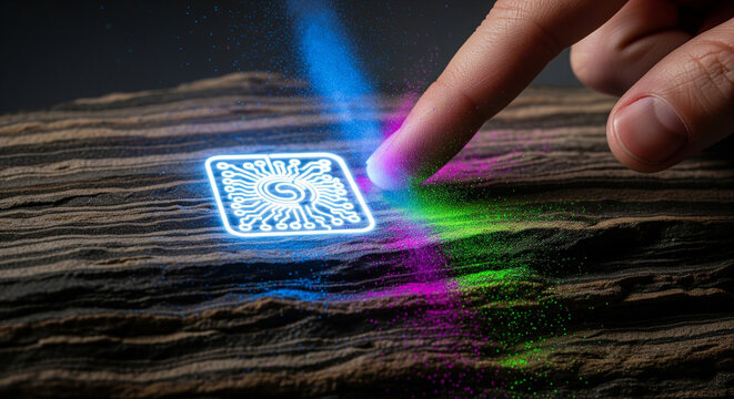 A finger touching a glowing neon processor icon on a wooden surface releases a trail of colorful data particles - Powered by Adobe