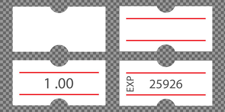 Self-adhesive paper price tag with two red stripes. Blank price label. White sticker to indicate the expiration date. Vector illustration isolated on transparent background.
