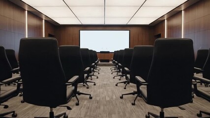 A modern conference room featuring multiple ergonomic black chairs arranged in rows