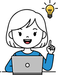 Enthusiastic Woman Working on Laptop Gets a Brilliant Idea Lightbulb Moment