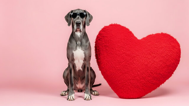 A stylish great dane sits with a fluffy red heart