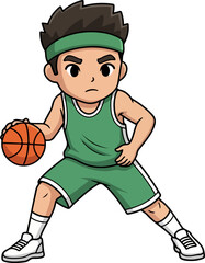 Young athlete dribbling basketball in green sports uniform vector illustration
