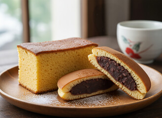 半分に切ったどら焼きとカステラ