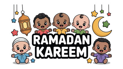 Fototapeta premium Ramadan Kareem for babies: a lively and cute depiction of the Ramadan celebration, featuring adorable babies with various decorations such as the crescent moon and star.