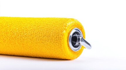 Close-up of a yellow paint roller on a white background, DIY home improvement. This paint roller is perfect for a woman tackling a DIY home repair project with confidence