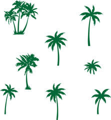 A set of tropical palm trees and coconut plant silhouettes featuring green leaf branches and trunk patterns for summer beach travel and island vacation nature illustrations