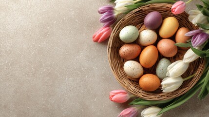 Easter Basket's Charm: A vibrant array of pastel-colored eggs nestled in a rustic basket, embraced by delicate tulips. capturing the spirit of renewal and spring