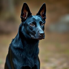 A sleek, dark canine with an ebony coat, poised and watchful ,  watchful,  black