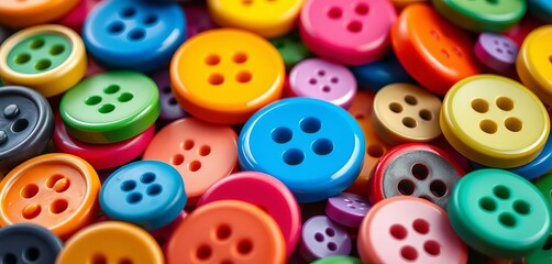 A vibrant set of colorful buttons in various shapes and sizes, close-up,  button texture,  craft supplies