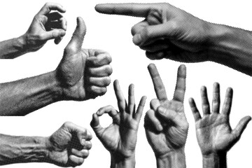 Halftone hand gestures set vector. Retro dithered dot pattern hands including thumbs up, pointing finger, fist, peace sign and open palm. Grunge black and white collage elements