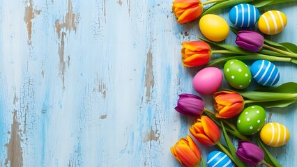 Vibrant Spring Flat Lay: Colorful Tulips and Easter Eggs on Light Blue Wooden Background with Copy Space