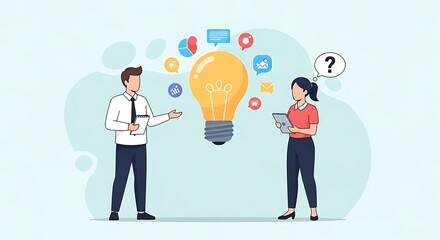 Business people discussing a bright idea represented by a glowing lightbulb with social media icons.