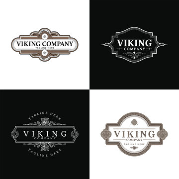 Collection of four elegant viking company logo designs featuring vintage emblems and customizable tagline placeholder text for branding projects