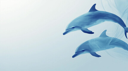 Obraz premium Two dolphins swimming gracefully in a serene blue ocean. The scene captures their sleek bodies and playful nature, showcasing marine life in a tranquil environment.