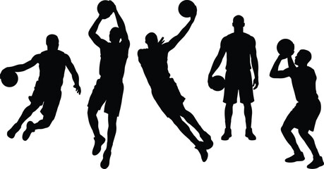 Basketball player silhouettes collection, with dribbling jumping shooting poses, isolated on white background for sports design vector illustration set poster © Rehena