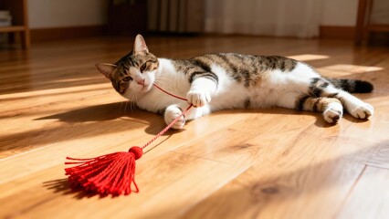 Cat playing with red tassel toy