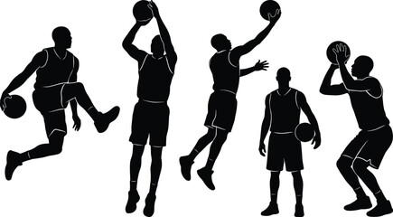 Basketball player silhouettes set showing dribbling jumping shooting actions isolated on white background for sports design illustration © Rehena