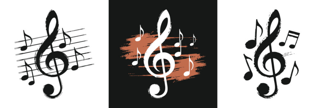 Collection of stylish musical treble clef symbols and scattered notes featuring grunge brush stroke artistic styles on white and black backgrounds