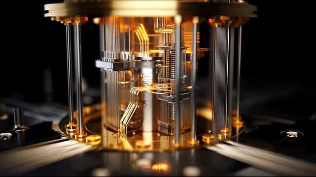 Futuristic Golden Quantum Computer Core with Intricate Circuitry and Advanced Technology