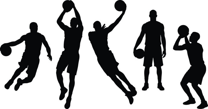 Basketball player silhouettes collection, with dribbling jumping shooting poses, isolated on white background for sports design vector illustration set poster