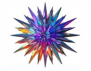 Colorful, spiky 3D geometric form radiating outward against a white background
