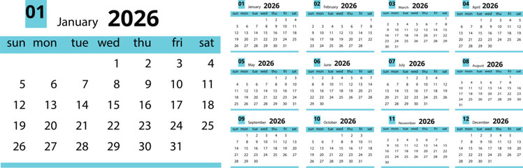 Vector illustration of annual calendars for the years 2026 showing months weeks and dates for planning and scheduling purposes