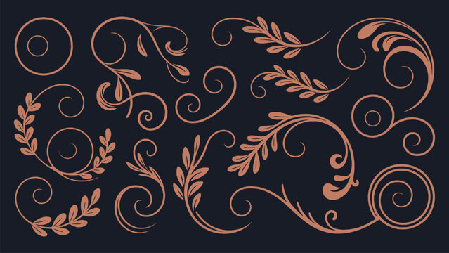 Elegant copper floral swirl and leaf vector elements set featuring antique baroque design perfect for wedding invitations and classic decor
