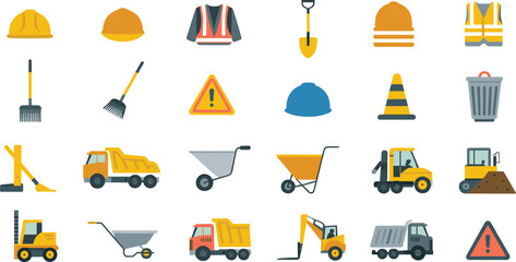 Construction equipment and safety icon set illustration, helmets tools vehicles warning signs, building site elements, modern flat design style © Mst Nurnehar Begum