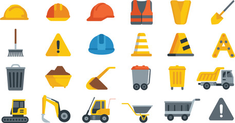Construction equipment and safety icon set illustration, helmets tools vehicles warning signs, building site elements, modern flat design style © Mst Nurnehar Begum