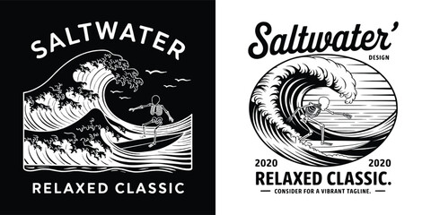 Surfing skeleton enjoying a big ocean wave design variation for apparel and graphic art projects
