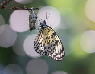 Butterfly metamorphosis, a butterfly hanging in a chrysalis with a beautiful green bokeh background