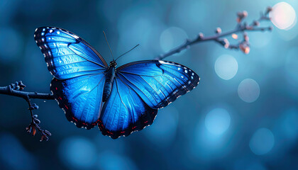 Blue butterfly perches on a branch with a blue bokeh background