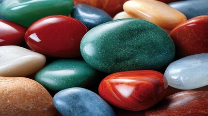 Polished gemstones assortment colorful smooth texture close up