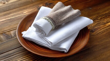 Plate with folded cloth napkin and glove on wooden surface