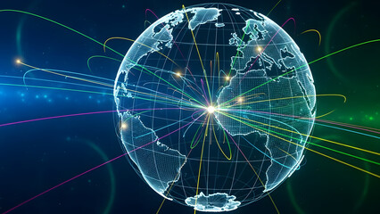 A detailed globe illustration with intricate lines representing global connections. The image symbolizes a interconnected world.