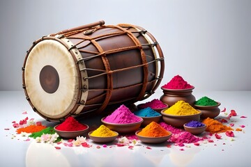 Happy Holi festival background with realistic dhol drum and pots of colorful gulal powder isolated on white for poster