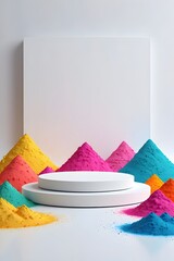 Happy Holi festival background for product display poster with white podium and colorful holi powder splash on clean studio scene