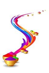 Holi colors powder splash isolated on white for festive poster and banner with paint strokes and traditional gulal bowls