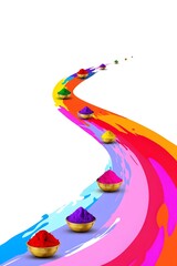 Holi colors powder splash isolated on white for festive poster and banner with paint strokes and traditional gulal bowls