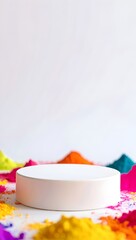 Happy Holi festival background for product display poster with white podium and colorful holi powder splash on clean studio scene