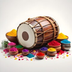 Happy Holi festival background with realistic dhol drum and pots of colorful gulal powder isolated on white for poster