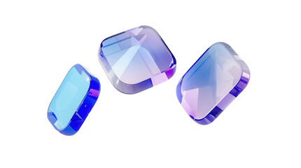 Abstract 3D glassmorphism geometric rounded rectangles floating, transparent acrylic material, blue purple gradient edges, reflections, isolated on white background