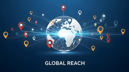 Global reach concept with network connections. The image depicts a globe surrounded by various location markers, indicating worldwide presence.