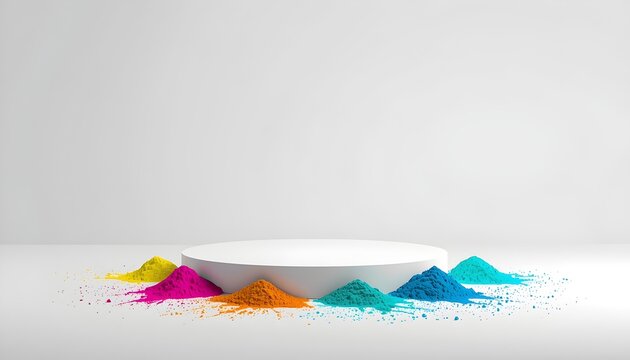 Happy Holi festival background for product display poster with white podium and colorful holi powder splash on clean studio scene