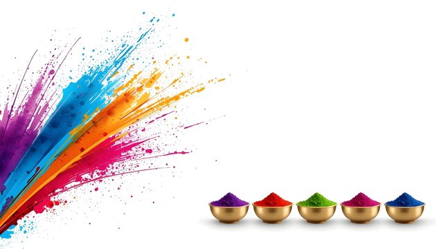 Holi colors powder splash isolated on white for festive poster and banner with paint strokes and traditional gulal bowls