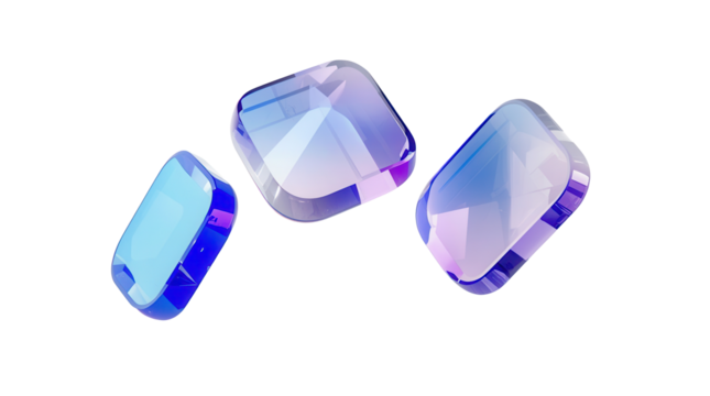 Abstract 3D glassmorphism geometric rounded rectangles floating, transparent acrylic material, blue purple gradient edges, reflections, isolated on white background - Powered by Adobe