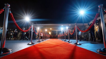 Red carpet event with crowd and overhead lighting