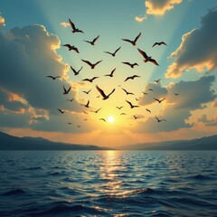 A poetic campaign image showing birds rising slowly upward from a calm central area representing fre